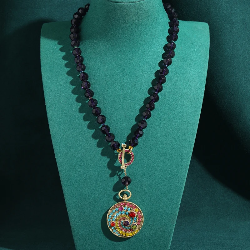 

Women Purple Glass Beads Necklace Vintage Pendant Large Round Colorful Rhinestone Hanging Brand Design Wedding Jewelry For Bride