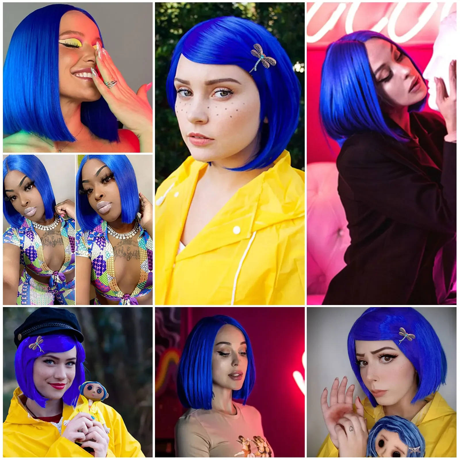 Peruka cosplay Anime Blue Bob dla kobiet, krótka prosta peruka z naszyjnikiem i spinką do włosów w kształcie ważki, peruka na kostium na Halloween