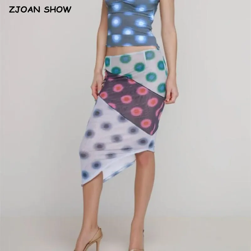 2024 Sexy Women Contrast Color Patchwork Dot Print Asymmetry Mesh Skirt Package Hips Oblique Pencil Skirts Skater