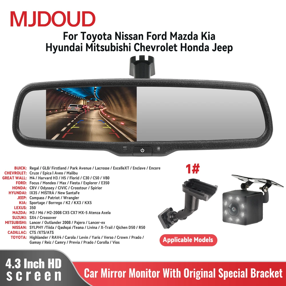 MJDOUD 4.3 Inch Car Mirror Monitor with Rear view Camera Original Special Bracket Auto Brighness LCD Screen for Reversing camera