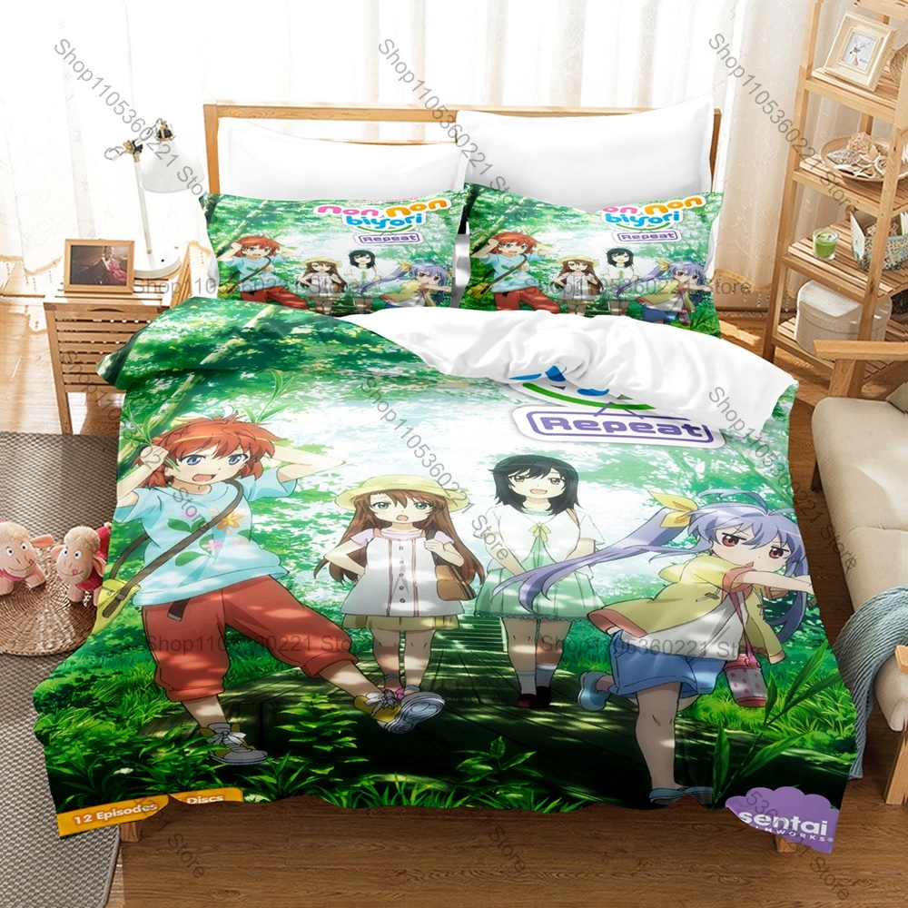 Cute Countryside Anime Non Non Biyori Duvet Cover + 2 Pillowcases, Asahigaoka Village Design Bedding Set All Season Use for Fans