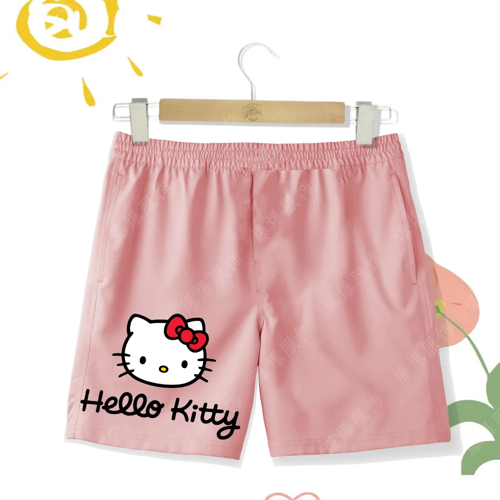 Cartoon children Sanrio Girls Casual patterned beach shorts Kawaii Hello Kitty Print Summer Comfort beach pants Kitten head