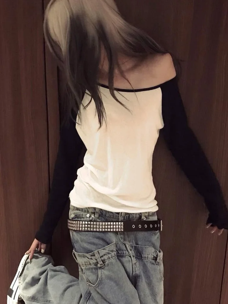 Women Korean Y2K Aesthetic Color Block Raglan Sleeve One Shoulder Stretchy Slim Fit Long Sleeve T-Shirt