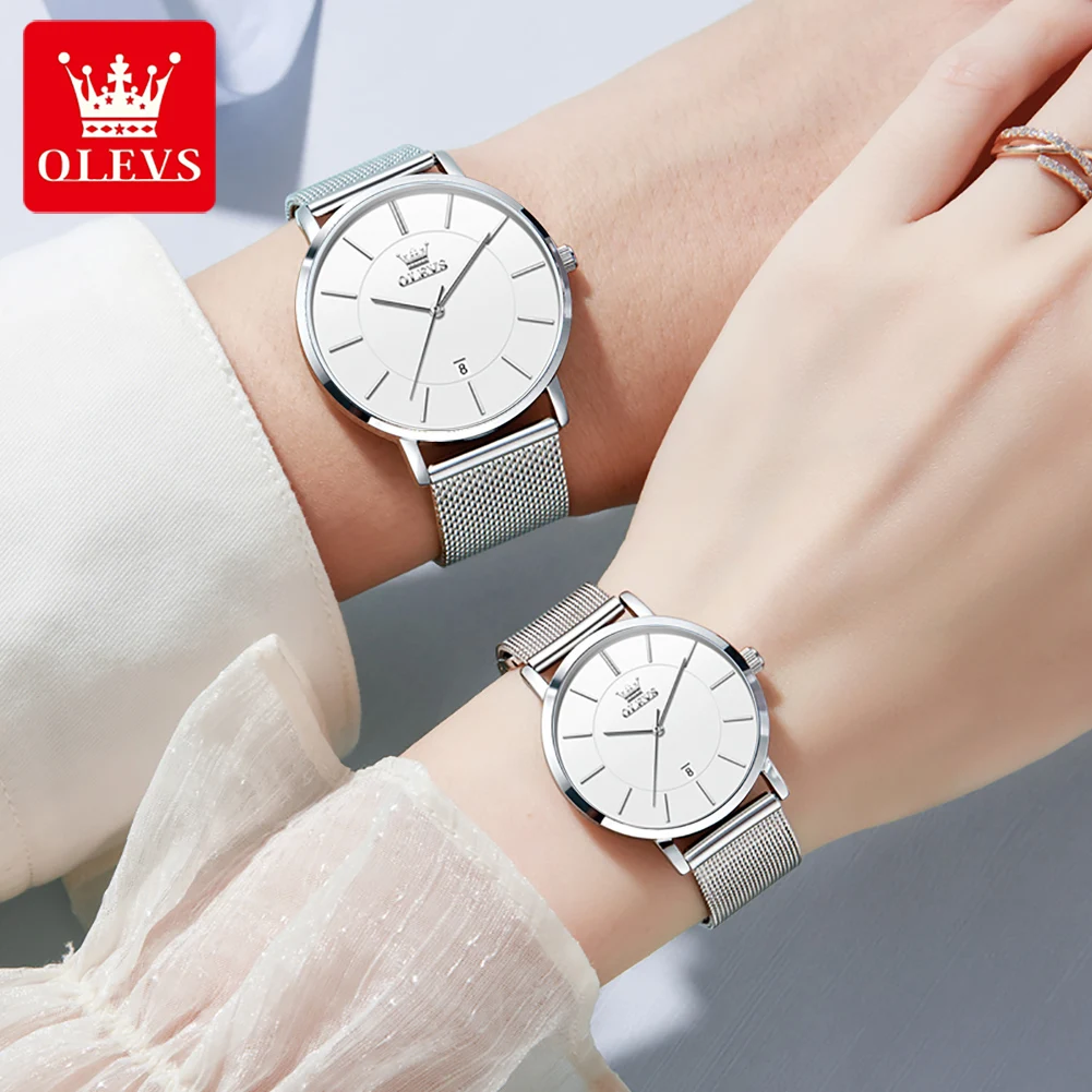 Olevs marca nova moda ultra-fino quartzo casal relógios pulseira de malha de aço inoxidável data automática relógio à prova dwaterproof água para homens