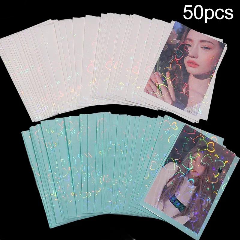 50 Pcs Laser Glitter Love Heart Photocard Sleeves Toploader Holder Korea Card Sleeve Transparent Kpop Idol Photo Cards Protector