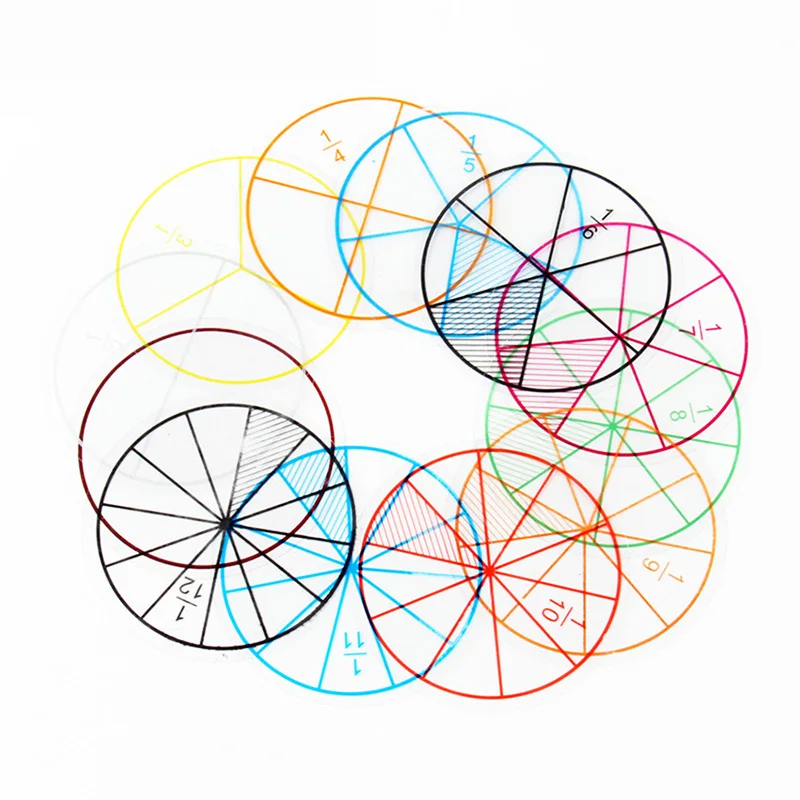 12pcs Math Fractions Círculos Toy Plástico numeradas Frações Círculos Matemática Chips Número Matemática Diâmetro 8cm