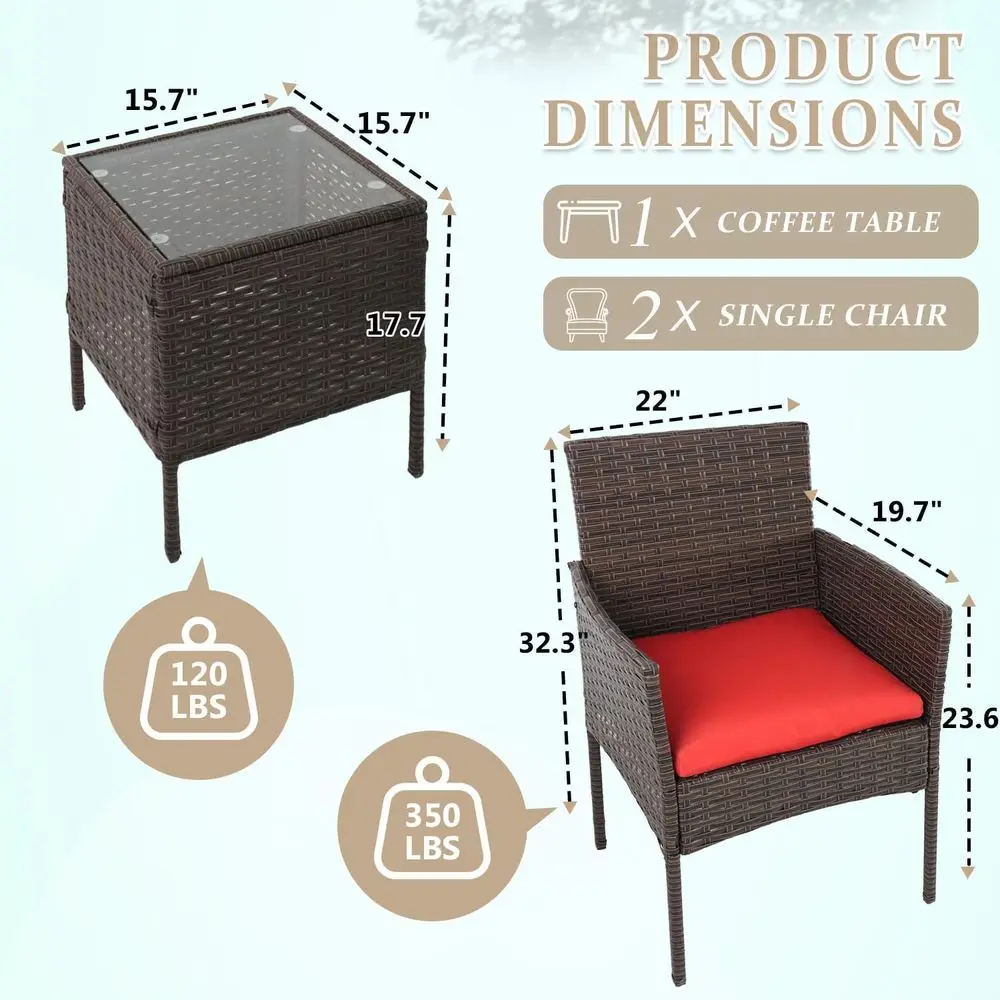 Conjunto de móveis de pátio de vime marrom e vermelho com mesa de vidro e almofadas para conversa ao ar livre