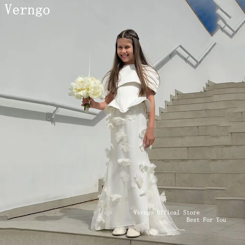 

Verngo Luxury Appliques Girl Flowers Dresses High Neck Short Sleeves Bride Party Dresses Elegant Maxi Kid Gowns Customized