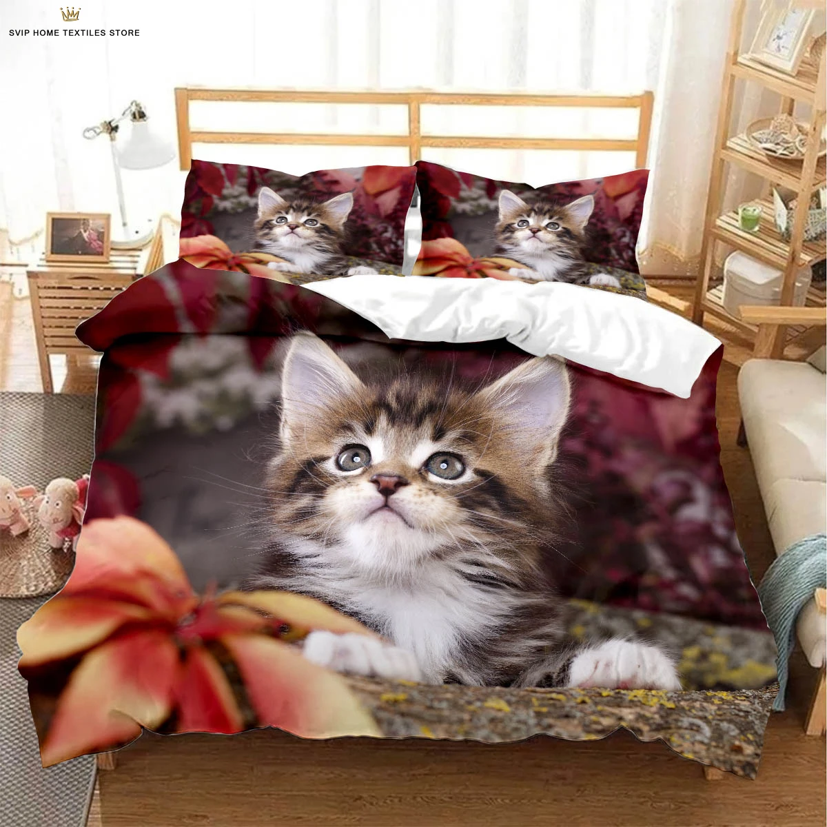 

Cute Cat Watercolor Flower 3D Stereo Print Quilt Cover Bedding Set Quilt Cover Pillowcase Three-piece Set 3 Pieces