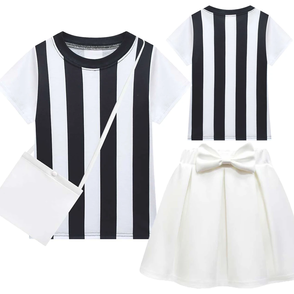 LABUBU Cosplay Black White Striped Pleated Dress Cloth Party Disguise Roleplay Costume Girl Outfit Halloween Carnival Suits