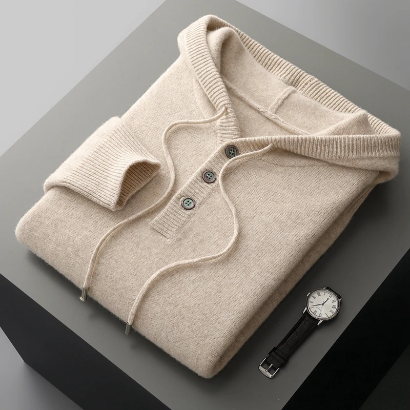 Autumn And Winter New Pure Wool Men's Hooded Sweater Thickened Warm Knit Loose Cashmere Bottoming Shirt