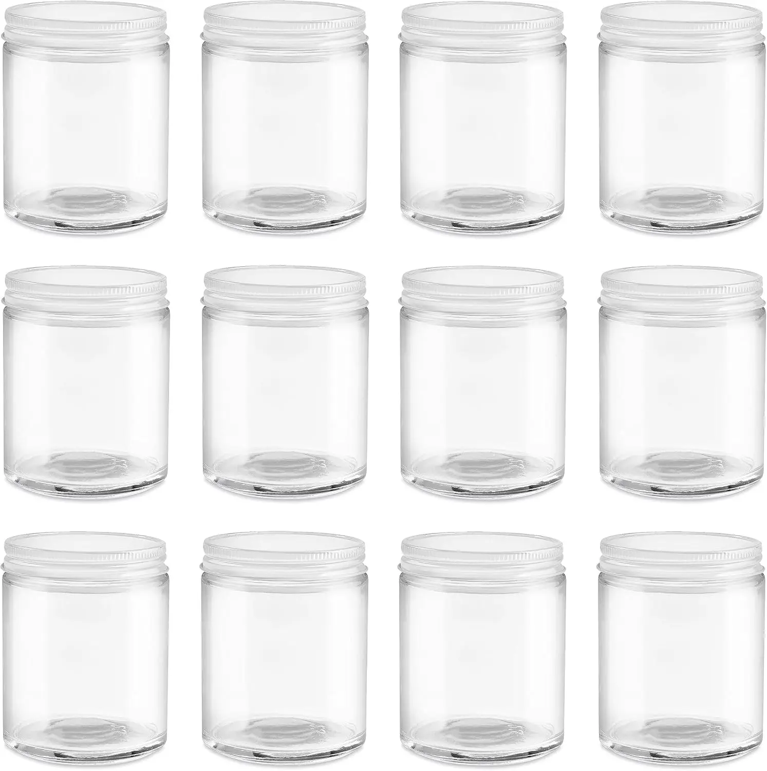 Frascos de Vidrio Transparente de 6 Onzas con Paredes Rectas para Conservas - Con Tapas Metálicas Blancas de 63 mm - Caja de 12