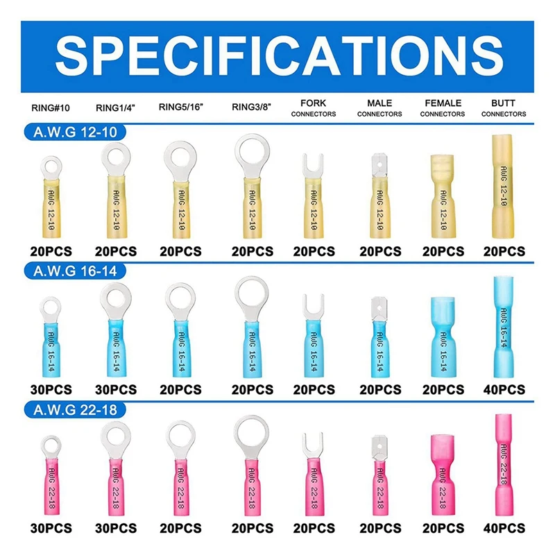 1120PC Marine Grade Heat Shrink Wire Connectors-Electrical Connectors Kit AWG22-10 Waterproof Insulated Crimp Connector