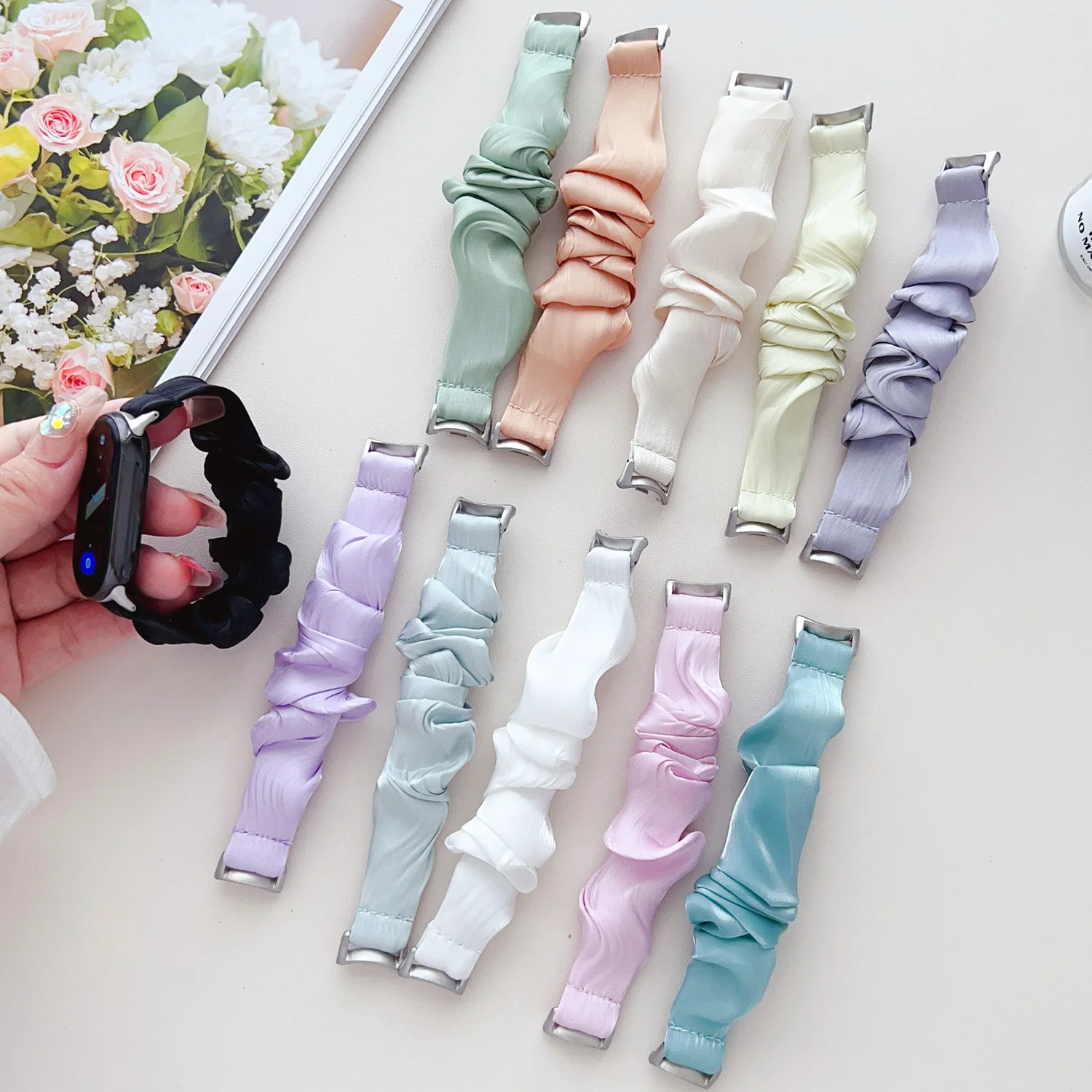 Pulseira de tecido elástico para Xiaomi Mi Band 11 10 9 8/Pro, pulseira tipo scrunchie para Redmi Watch 6 5 4, pulseira leve para o pulso.