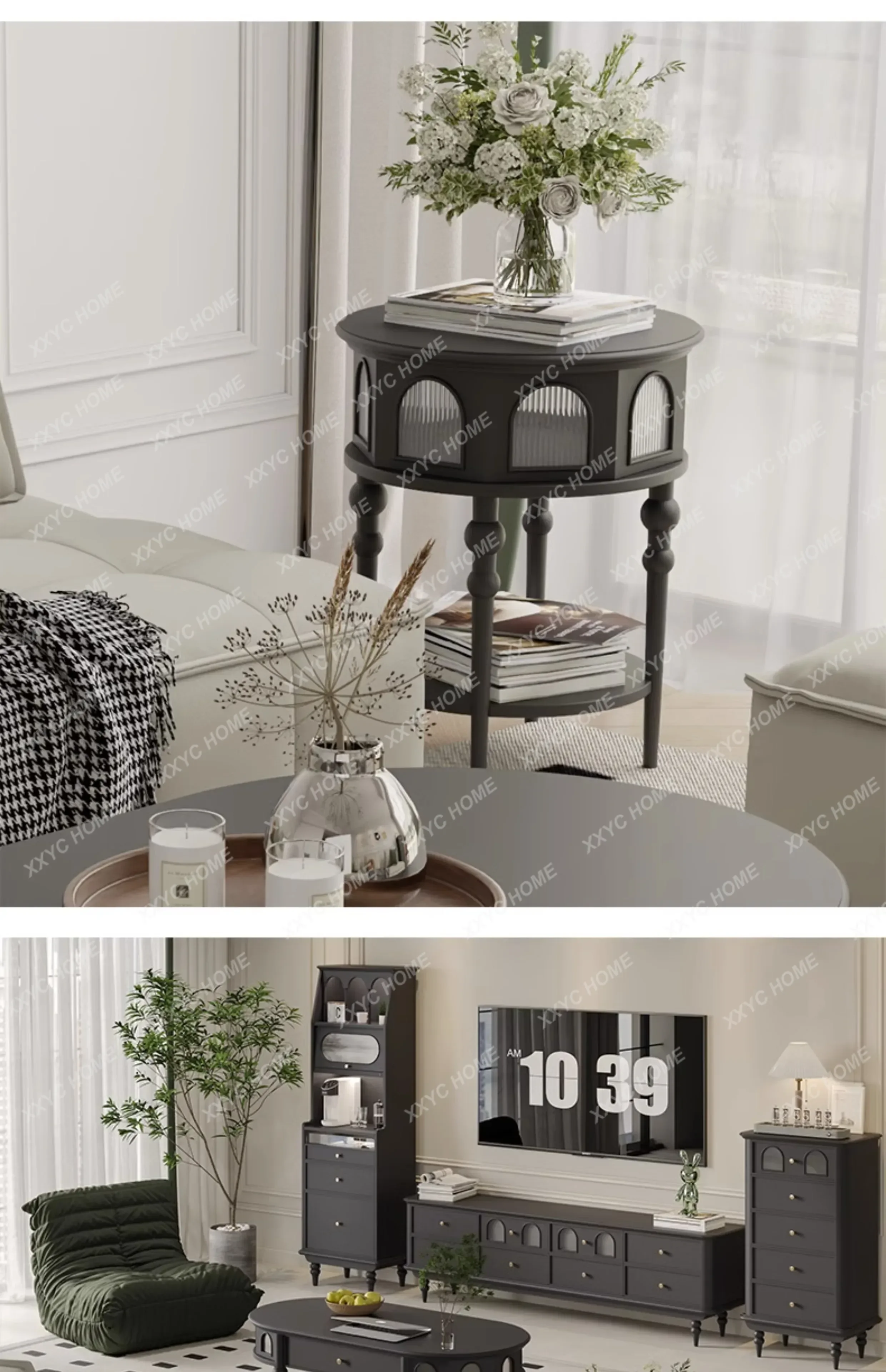 XX Retro Solid Wood Side Table Black Solid Wood Glass Wall Small round Table  Light Luxury Bedside Table