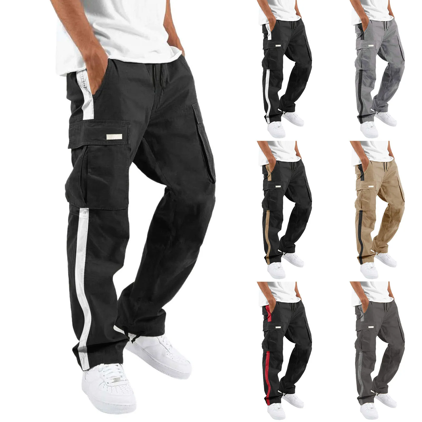 

Spring New Men's Workwear Pants Independent Station Drawstring Pocket Color Block Long Trousers Casual Loose Fit Knitted Cotton