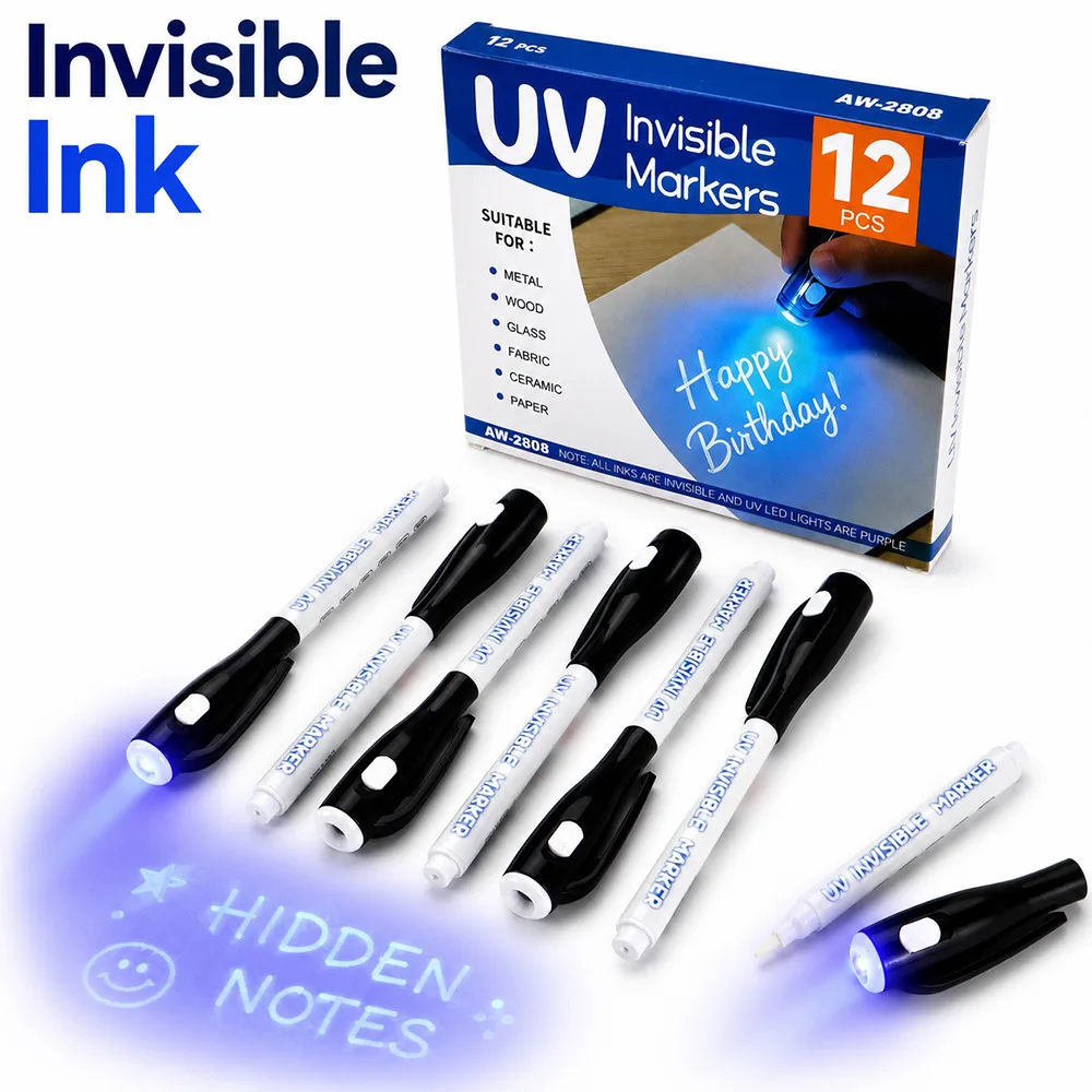 12pcs UV Light Invisible Ink Pen Magic Secret Message Spy Marker Kids Party Favors Novelty Toy Gift