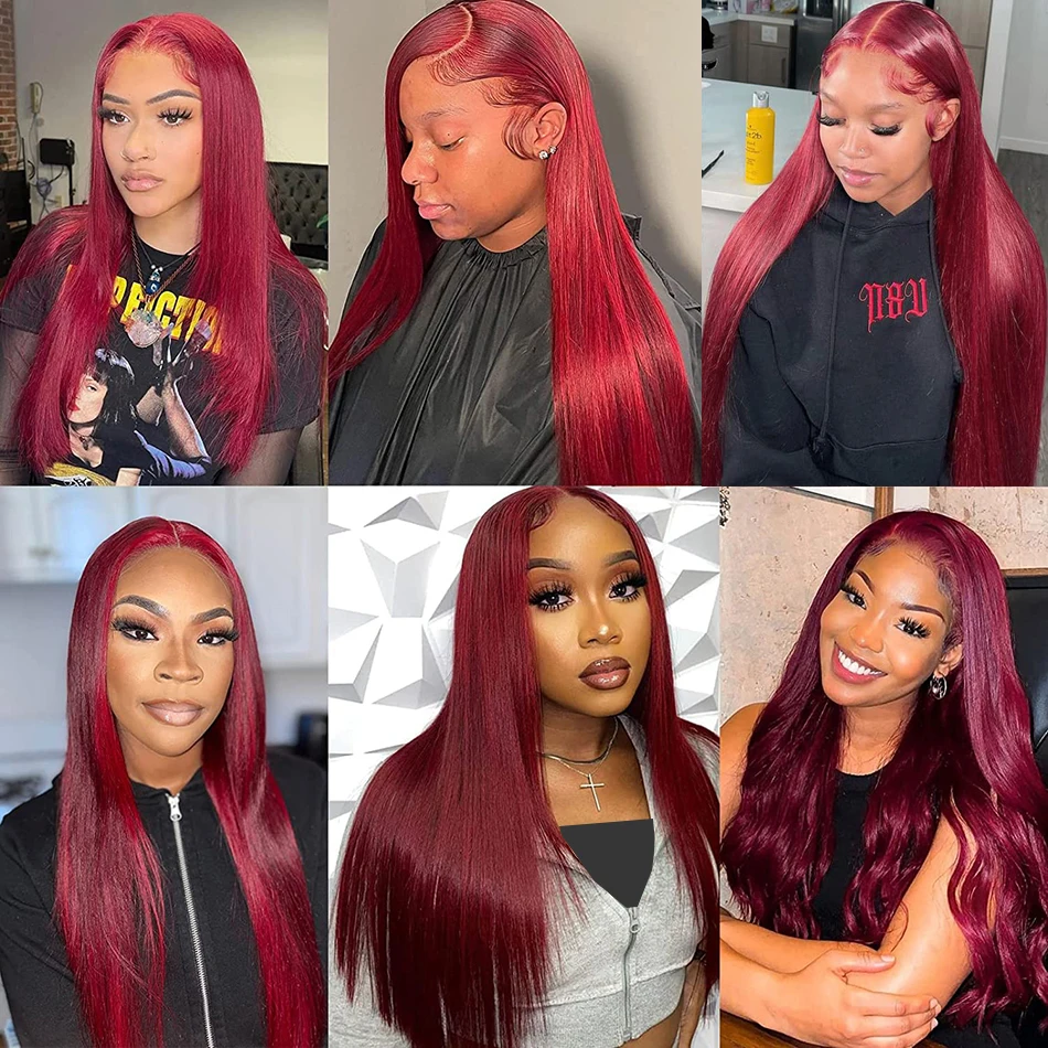 Wiggogo Red Lace Front Human Hair Wigs 99J Бордовый 13X4 13X6 Hd Парик фронтальной части шнурка Прямые парики фронта шнурка Цветные парики Hd Lace