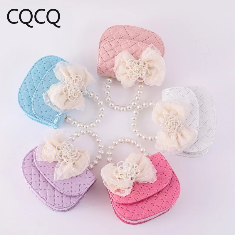 

Children's Fashion Diamond Grid PU Oval Pearl Handbag Butterfly Knot Pearl Crossbody Bag Girls' Wallet Hot Selling New Style