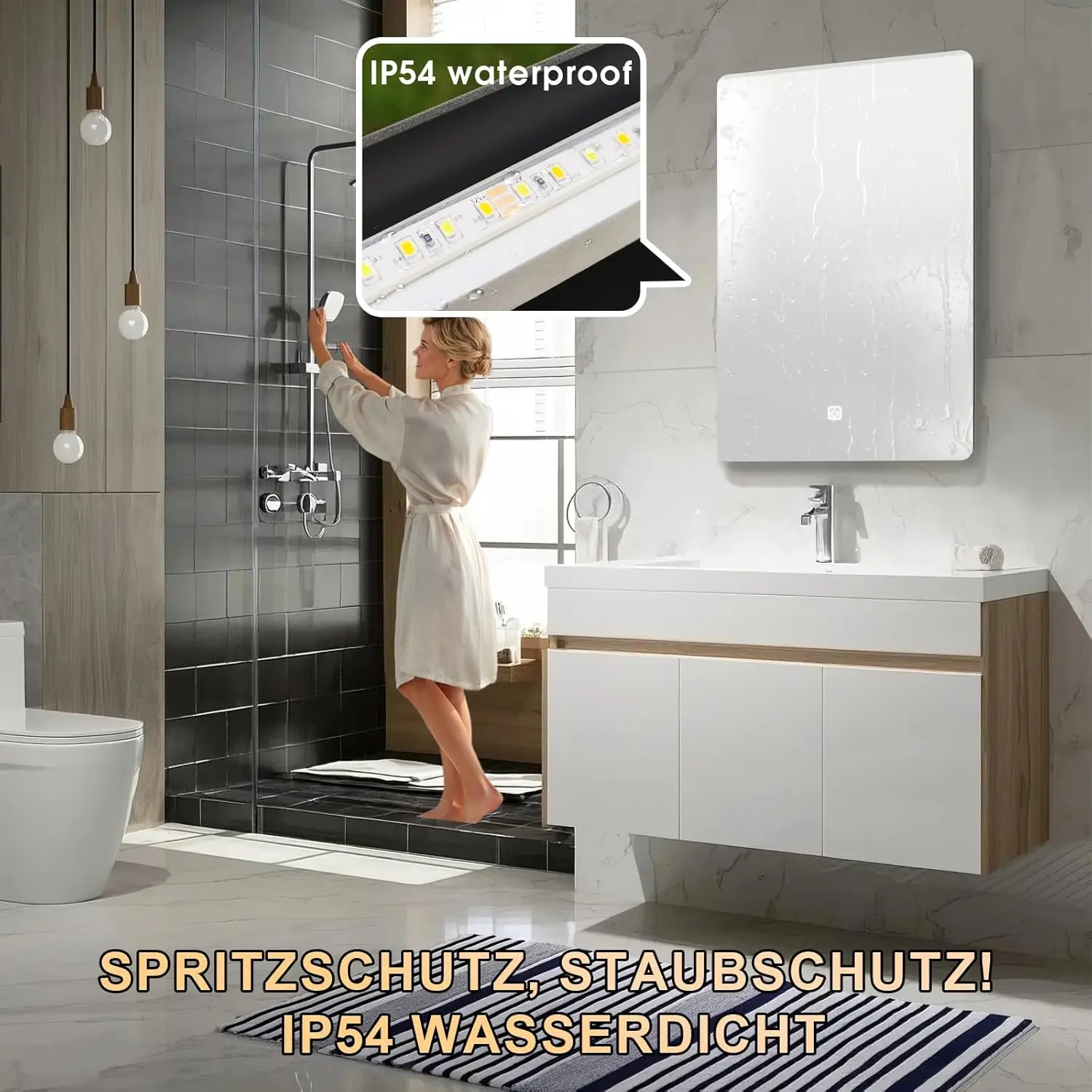 45x60cm Badezimmerspiegel, Badezimmerspiegel mit Hintergrundbeleuchtung, Spiegel mit LED-Licht, Touch-Schalter und 3 dimmbaren Farben – Detail 7