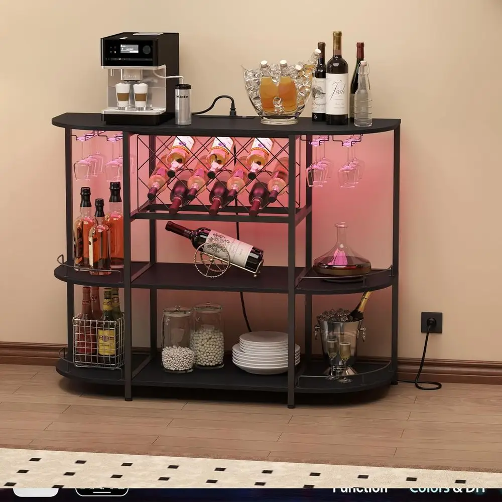Black 3-Tier Coffee Table with Wine Rack, Power Socket, and LED Light for Home Bar and Kitchen Storage view 4