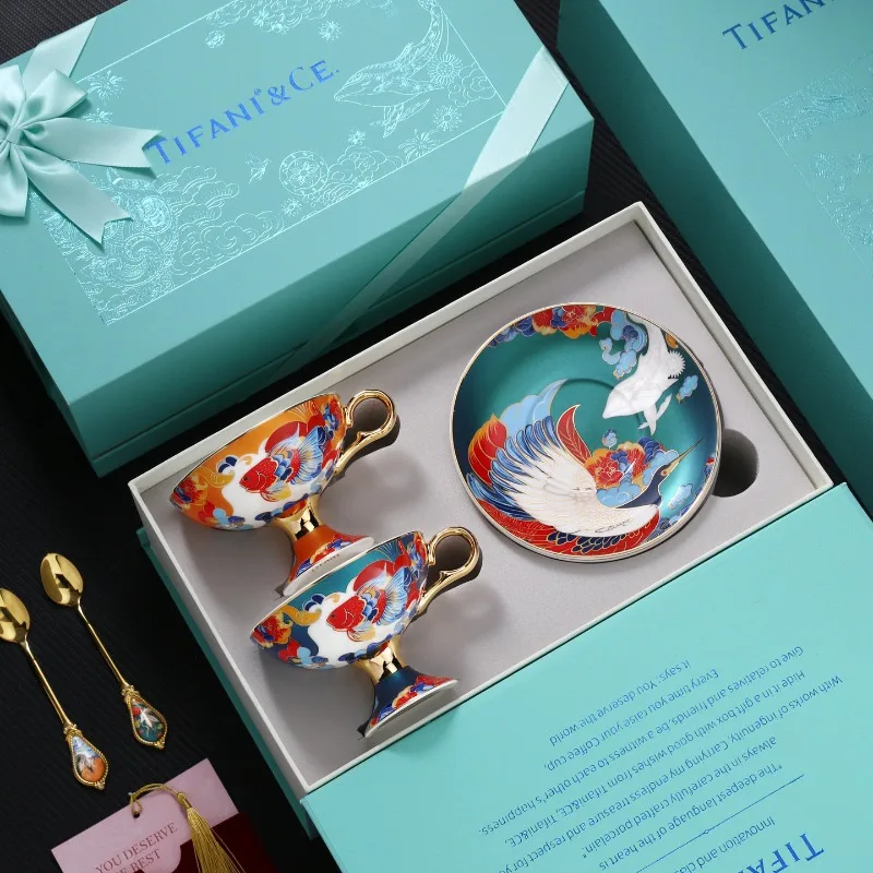 Elegant Chinese Style Pattern Coffee Cup and Saucer Gift Box Exquisite Afternoon Tea Cup for Home Party and Gifting