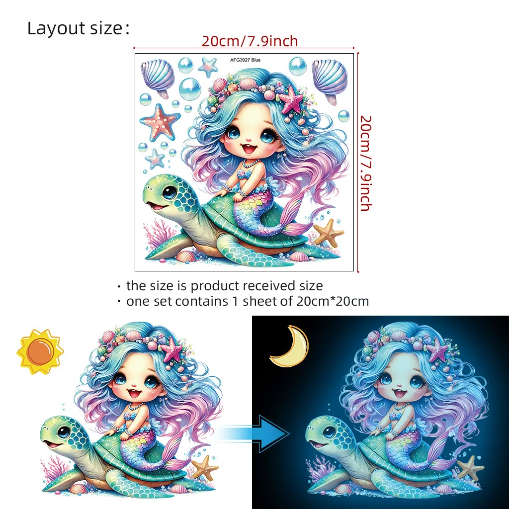 Cartoon Sea Turtle Mermaid Wall Stickers for Kids Room Decor Background Girls Bedroom Home Decoration Glow In The Dark