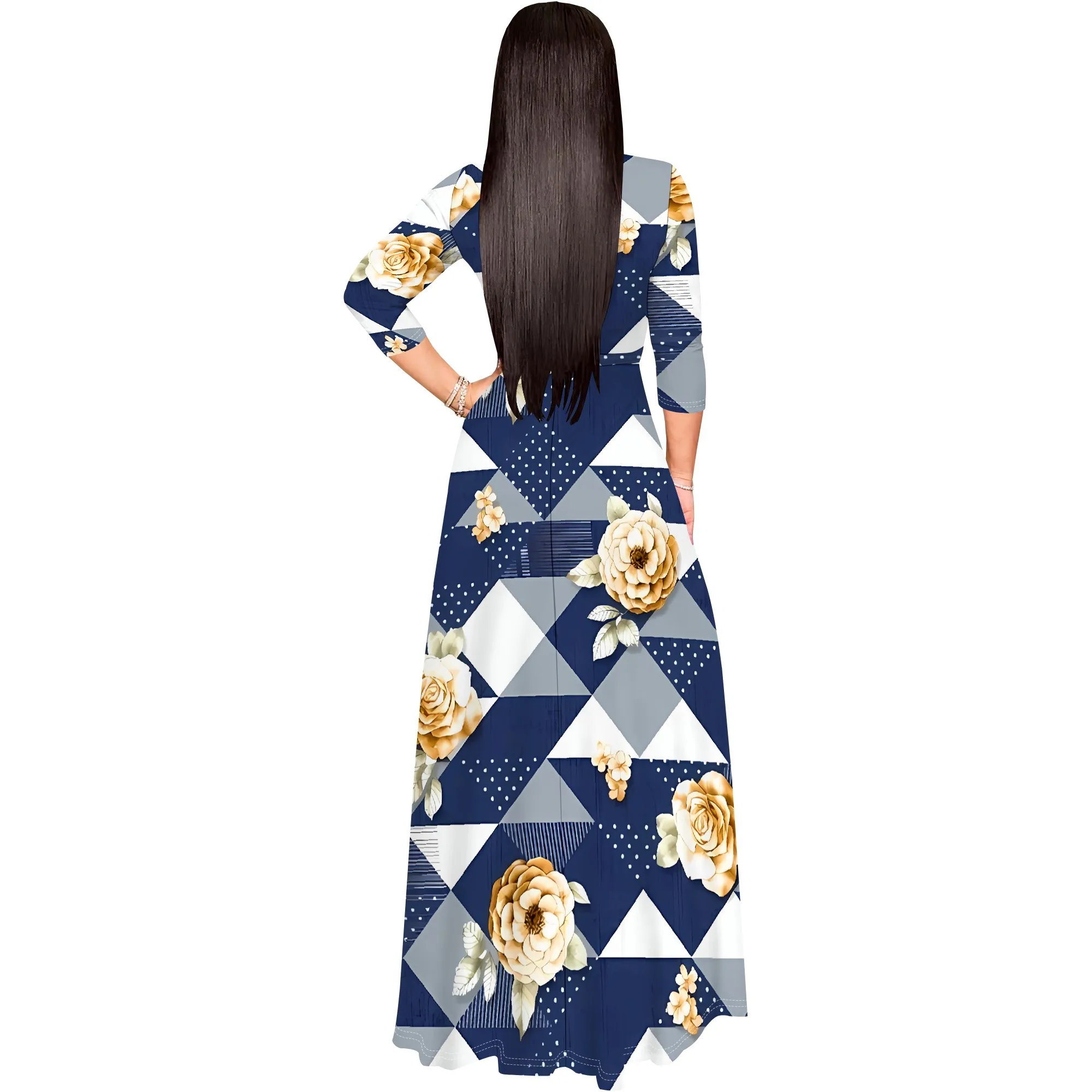 Women's 3/4 Sleeve V Neck Women Long Dress Fashion Printed Split Hem Club Party Casual  Maxi Dress