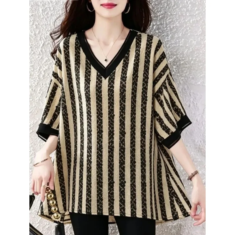 Women Striped V Neck Blouse Summer Loose Oversized Plus Size Elegant Casual Tops For Curvy Figures