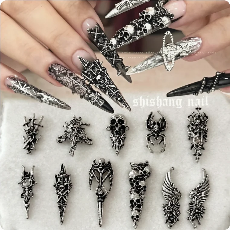 2026 NEW 10/11pcs Gothic Punk Style Nail Art Charms Antique Silver Alloy Skull and Cross Halloween Nail Decorations