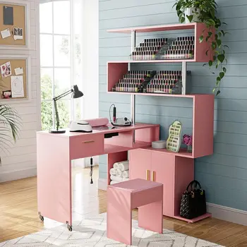 ネイルテーブル,回転式L字型マニキュアデスク,集塵機,2方向引き出し,キャビネット,収納棚