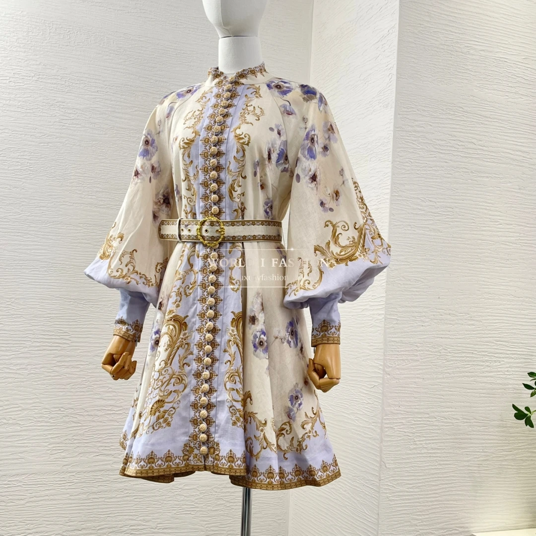 

2025 Latest Autumn Collection High Quality Linen Full Lantern Sleeve Belted Floral Print Women Mini Vintage Dresses