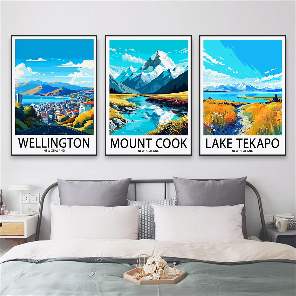 ملصق سفر كوينستون ، طباعة فنية لمناظر طبيعية نيوزيلاندية ، لوحة قماشية ملونة ، ديكور غرفة منزل حديث