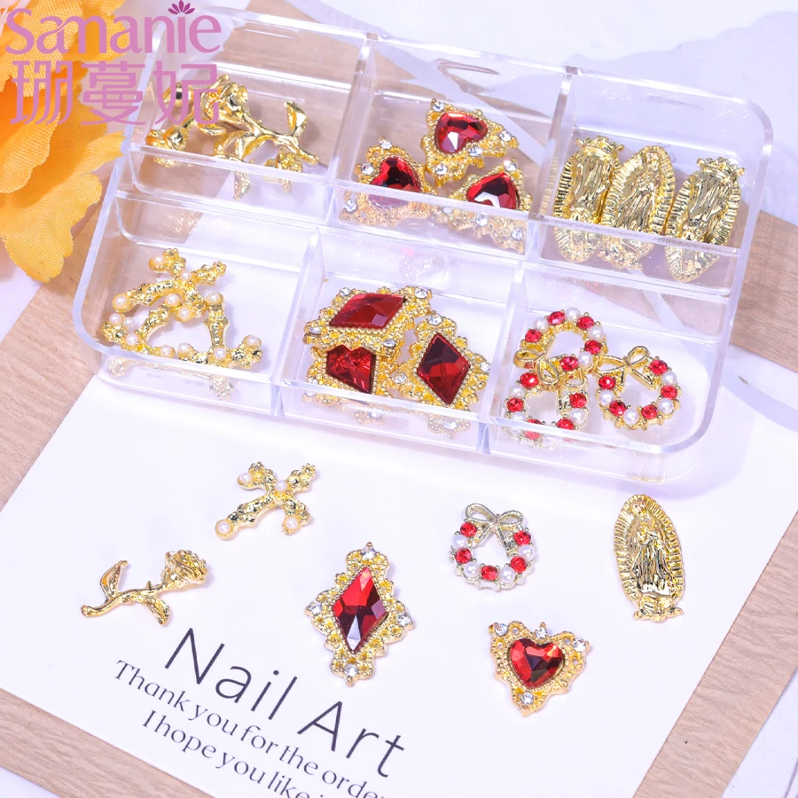 Luxury Retro 6 Grids Mixed Red Crystal Gold Color Nail Charms Gothic Rose Heart Bow Cross 3D Metal Nail Art Jewelry Accessories