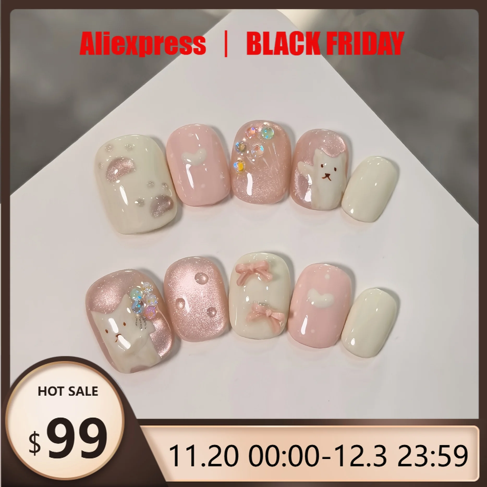 

10Pcs Hamdmade Press on Nails Cat Eye Pink Hand-Painted Bouquet Cat Bow Fake Nail Bean Nails Detachable Wearable Nail for Women