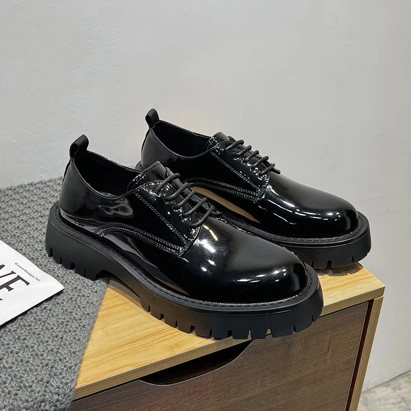 Korean style mens casual business wedding formal dresses patent leather shoes lace-up platform shoe black gentleman footwear man