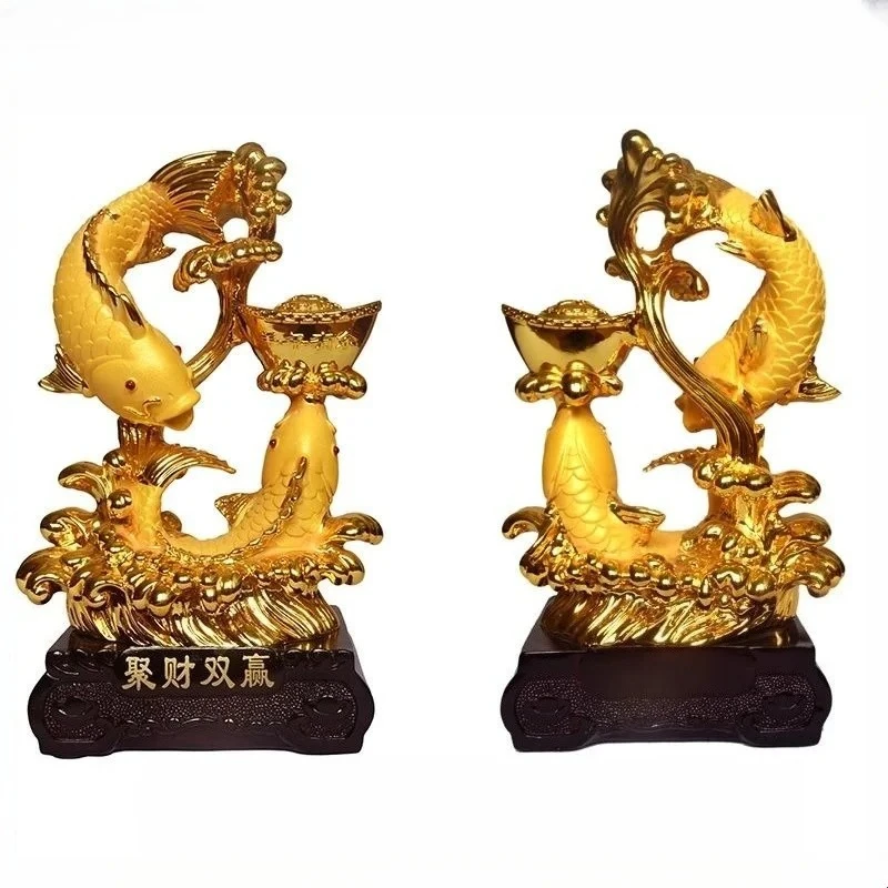 Golden Double Fish Wealth Ornament, High-end Decor for Wine Cabinet Office Cashier Desk, Housewarming Business Opening Gift