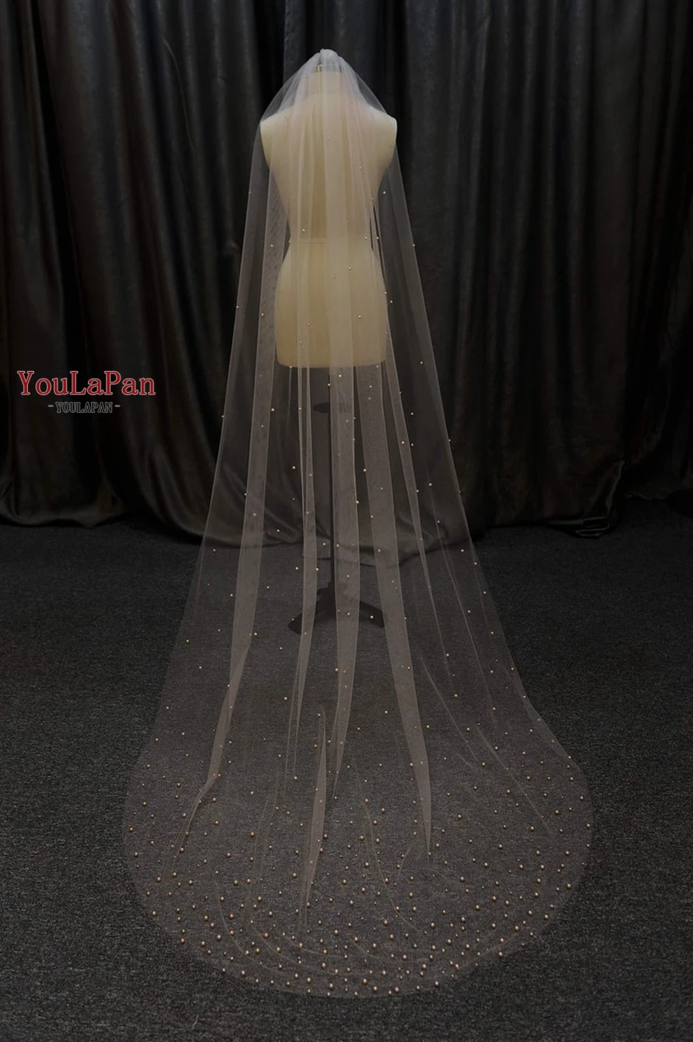 YouLaPan V11 Wedding Veil with Champagne Pearls 300CM Long Cathedral Bride Veil Soft 1 Tiers Circle Cut Edge Wedding Dresses