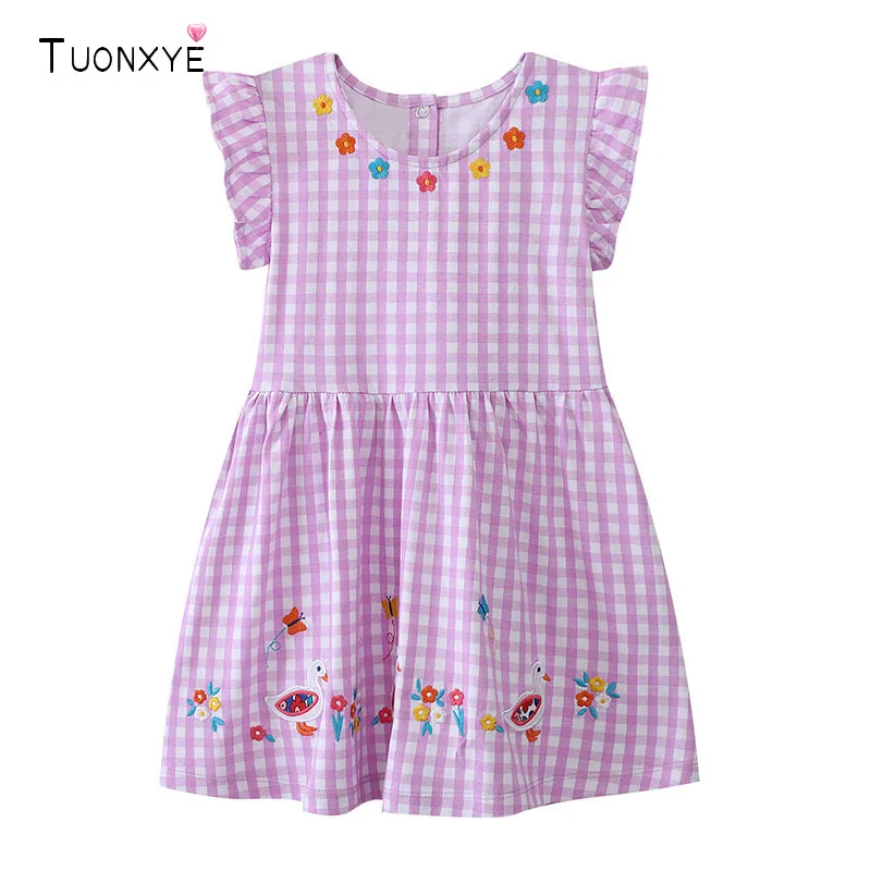 TUONXYE Cotton Girls Dress Plaid Embroidery Duck Floral Flutter Sleeve Back Button Kids Summer Princess Dresses for Little Girl