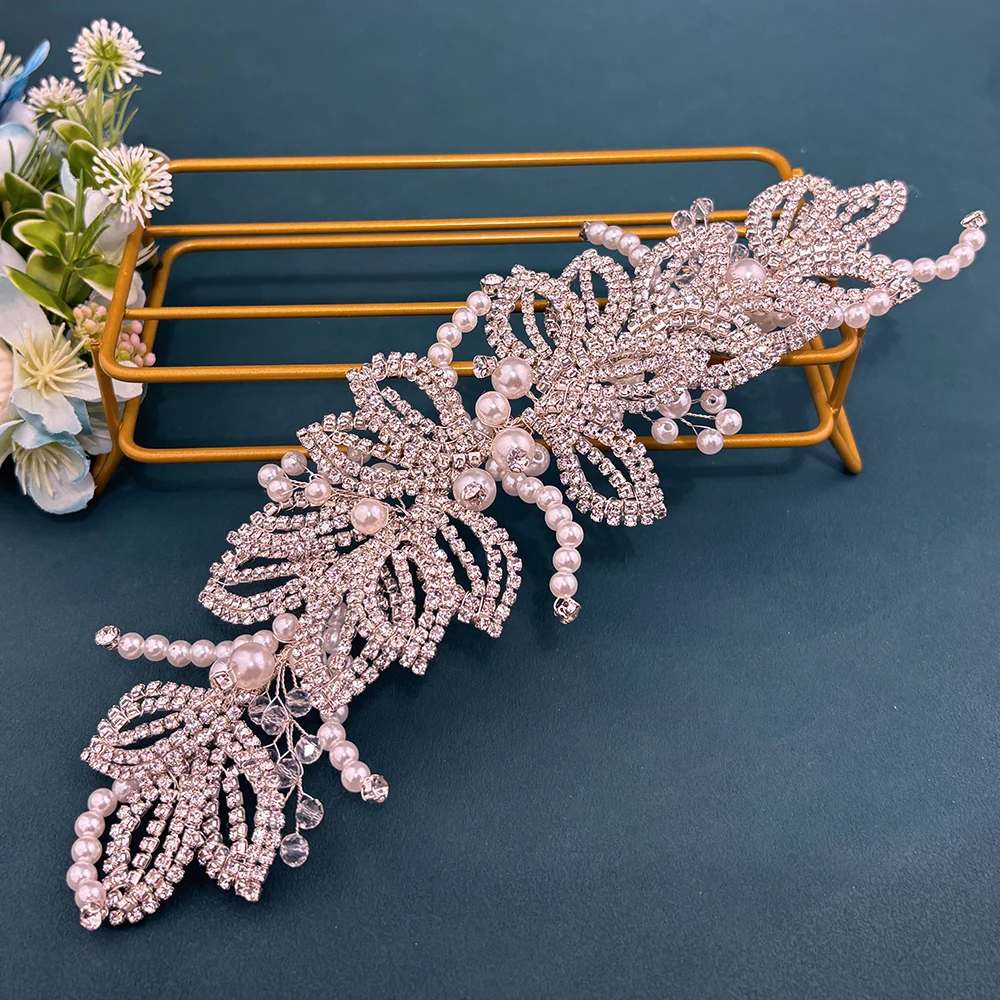 DZ345 Luxury Silver Color Bridal Headband Rhinestone Leaf Wedding Hair Accessories Crystal Wedding Headdress Hair Hoop for Party