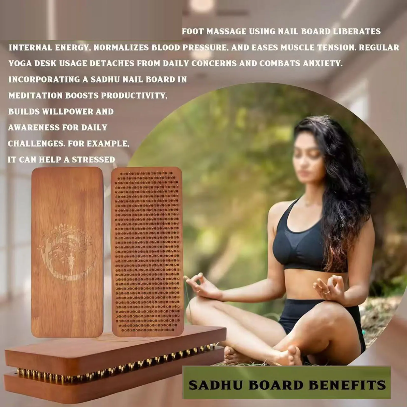 2Pcs Sadhu Board Wooden Yoga Board Acupressure Foot Massage Board Meditation with Nails for Home Gym Fitness Exercise