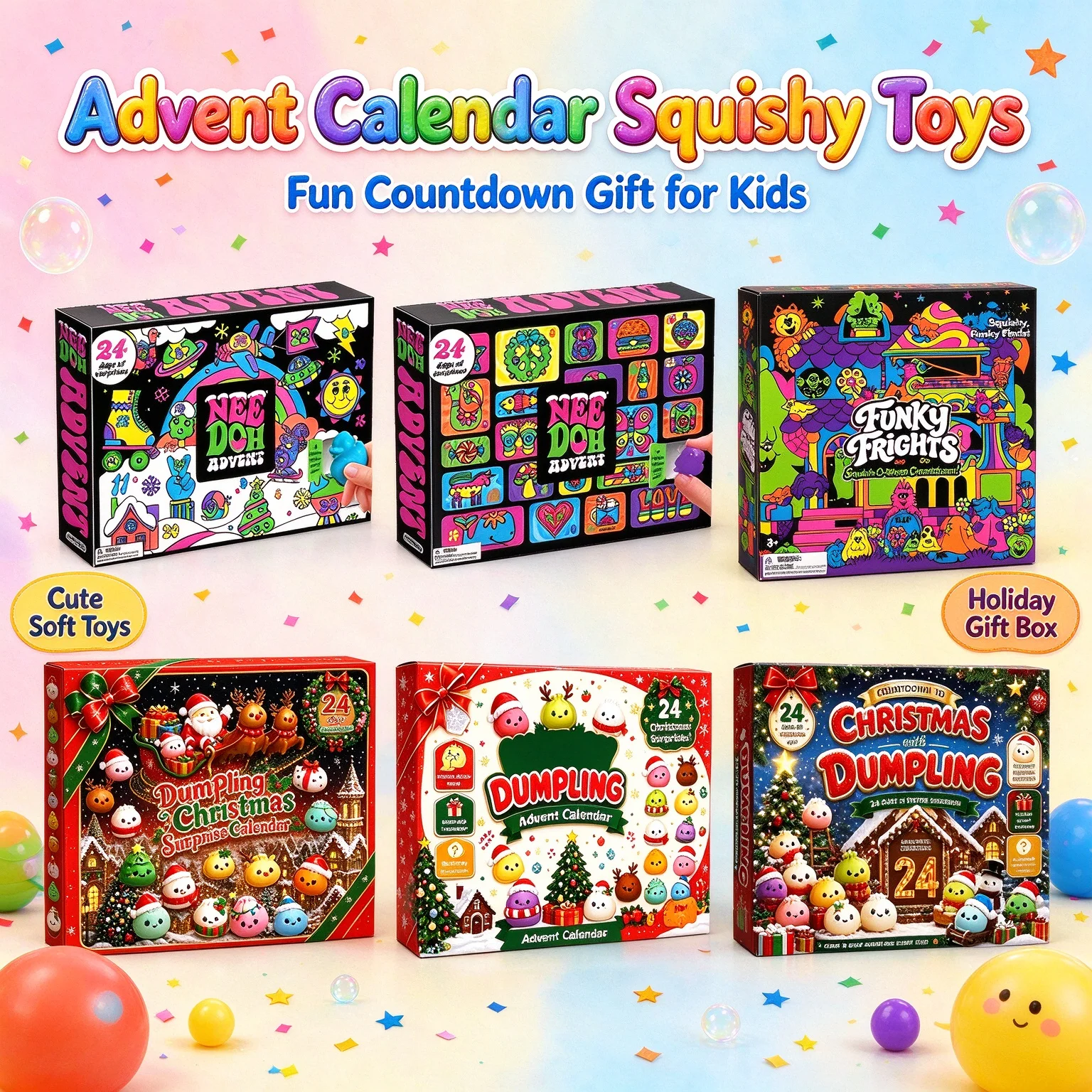 2026 NeeDoh Advent Calendar 24Pcs Squishy Fidget Doll 3D PVC Christmas Countdown Surprise Box Stress Relief Holiday Gift