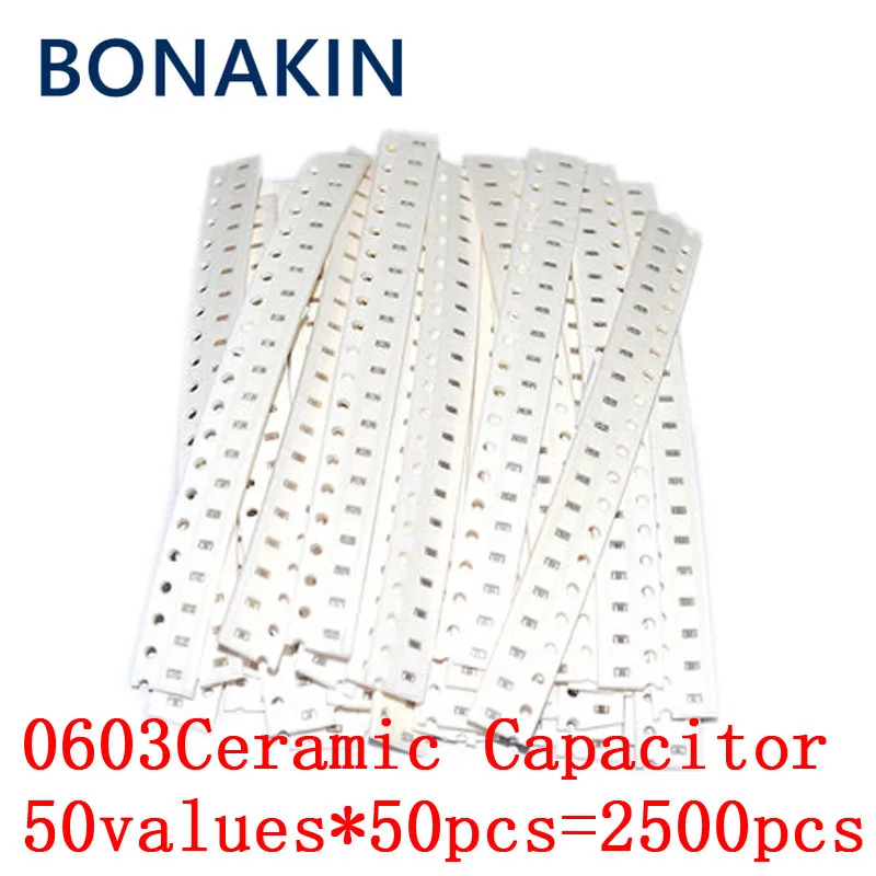 Amostras de Capacitor Cerâmico SMD, Kit Sortido, Chip, 1pF ~ 10uF, 50 Valores x 50Pcs = 2500Pcs, 0603