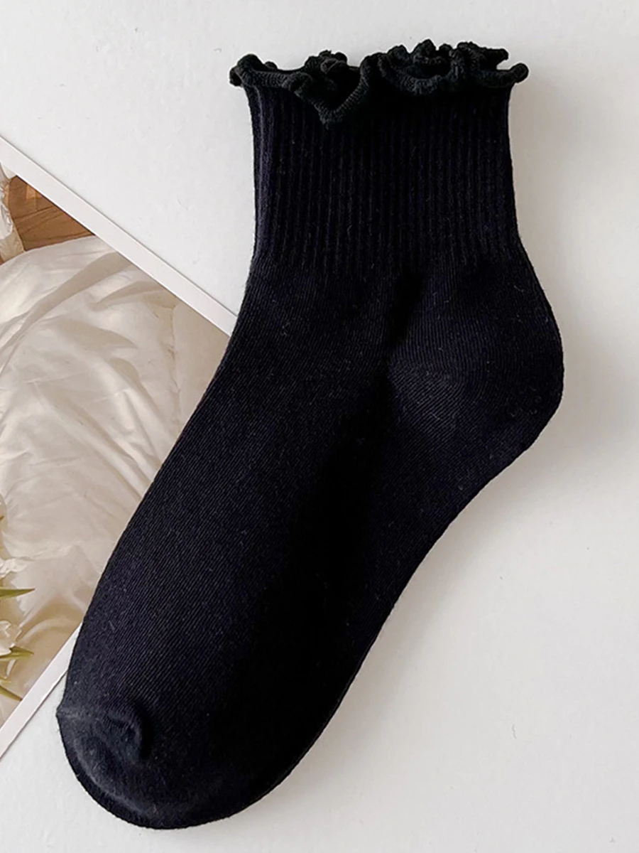 5 أزواج من الجوارب للنساء أنبوب كشكش للكاحل قصير قابل للتنفس مكبل أسود أبيض مجموعة ربيع الخريف لينة بلون واحد
