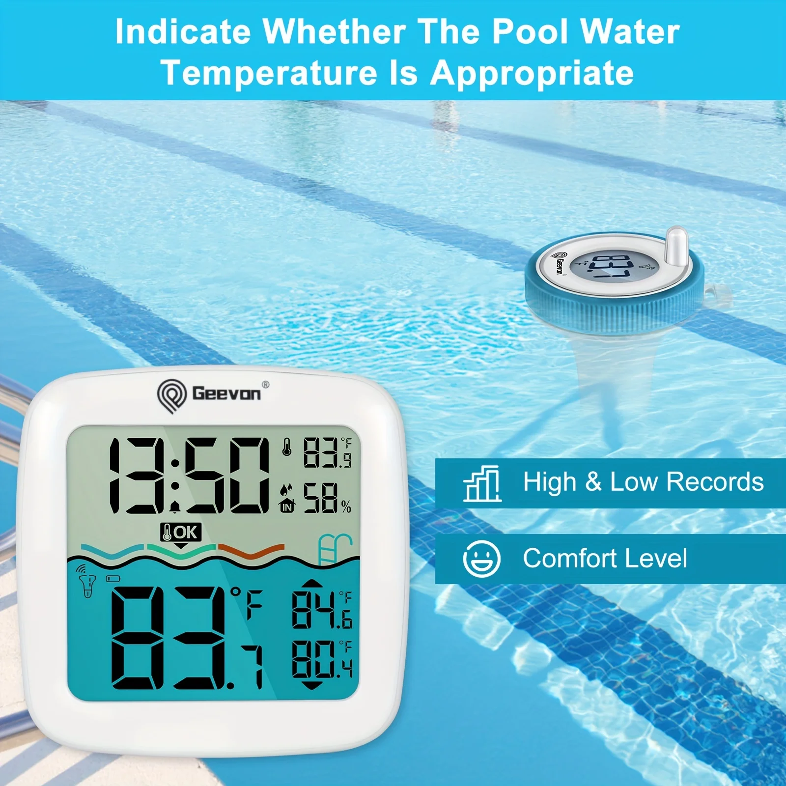 GEEVON Wireless Pool Thermometer Floating Easy Read,Digital Pool Thermometer Wireless with Indoor Temperature Humidity Monitor