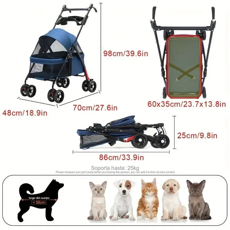 4-Wheel Portable Pet Cart Foldable with Breathable Mesh Double Hook 360 ° Handle Suitable for Small and Medium Sized Dogs