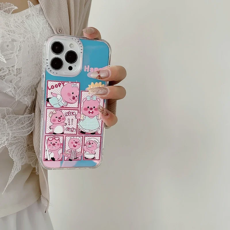 Korean Cute Cartoon Sanrio Loopy Laser Blu-ray Phone Case Phone Case For iPhone 15 14 13 12 11 Pro Max Shockproof Hard IMD Cover