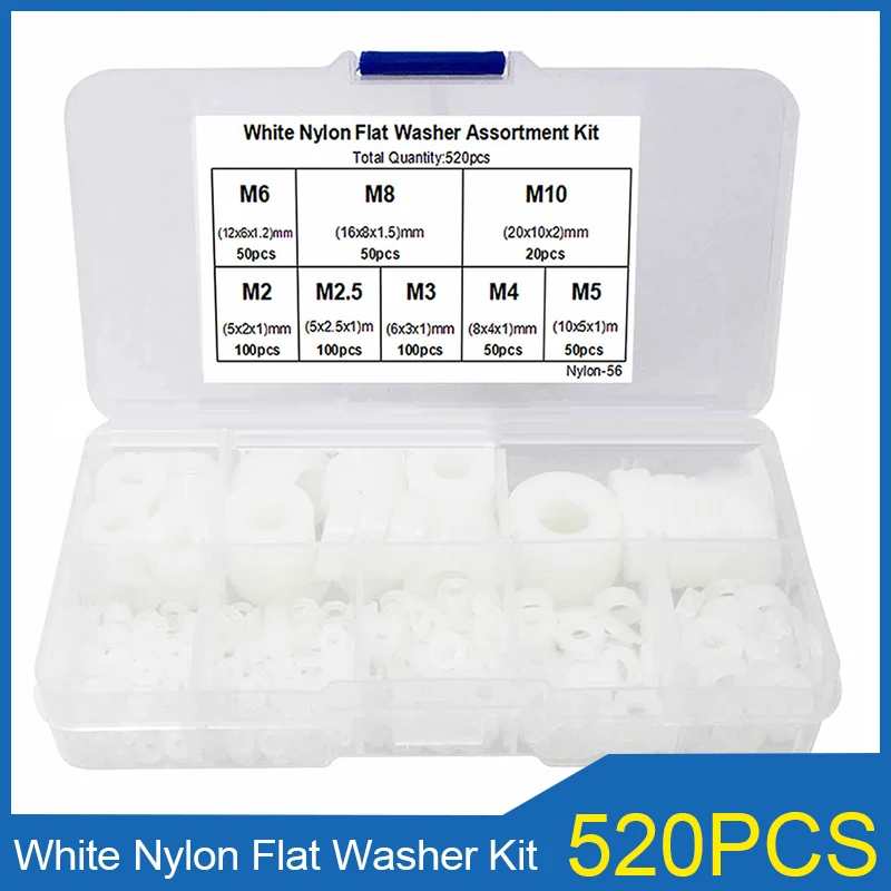 520PCS M2 M2.5 M3 M4 M5 M6 M8 M10 White Nylon Flat Washer Set Plastic Plain Spacer Gasket O Ring Assortment Kit Box