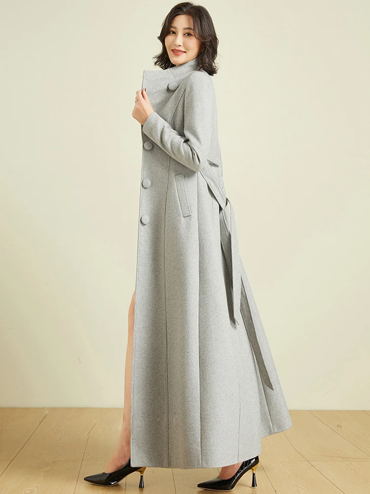 New Women Long Woolen Coat Autumn Winter Elegant Chic Turn-down Collar Belt Slim Wool Blends Coat Fashion Overlength Outerwear