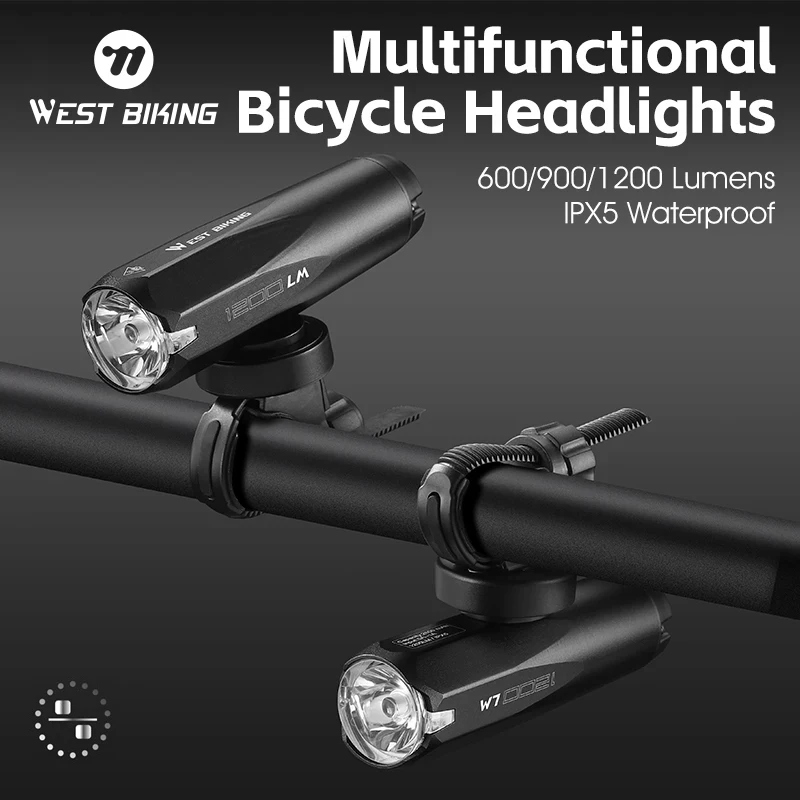 WEST BIKING Bicycle Headlights 600/900/1200LM Intelligent Light Sensing Front Light Dual Mount Type-C Rechargeable Flashlights